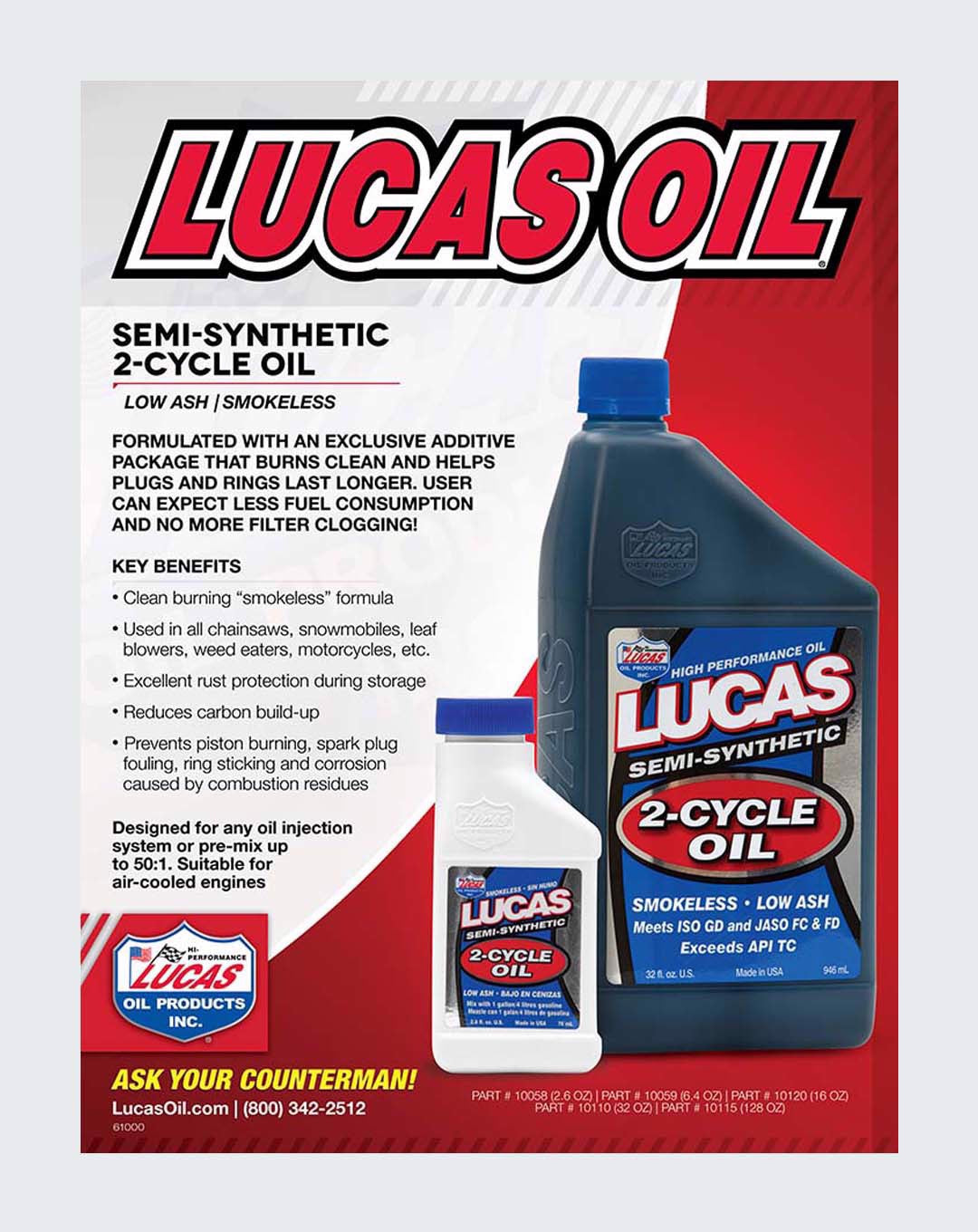 LUCAS OIL- SEMI-SYNTHETIC 2-CYCLE OIL 2.6 OUNCE - 10058