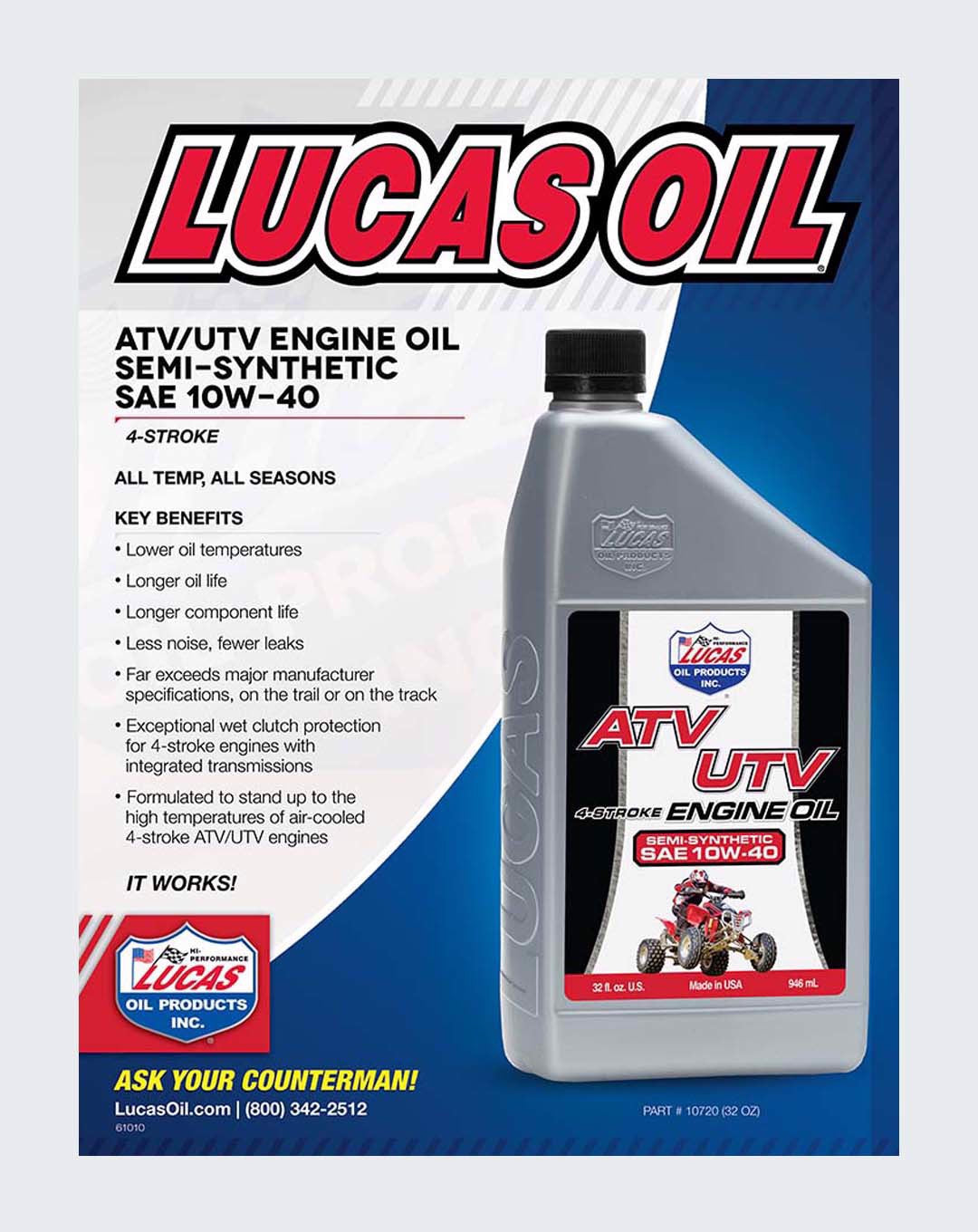 LUCAS OIL Semi-Synthetic SAE 10W-40 ATV MC OIL 1 Quart -10720