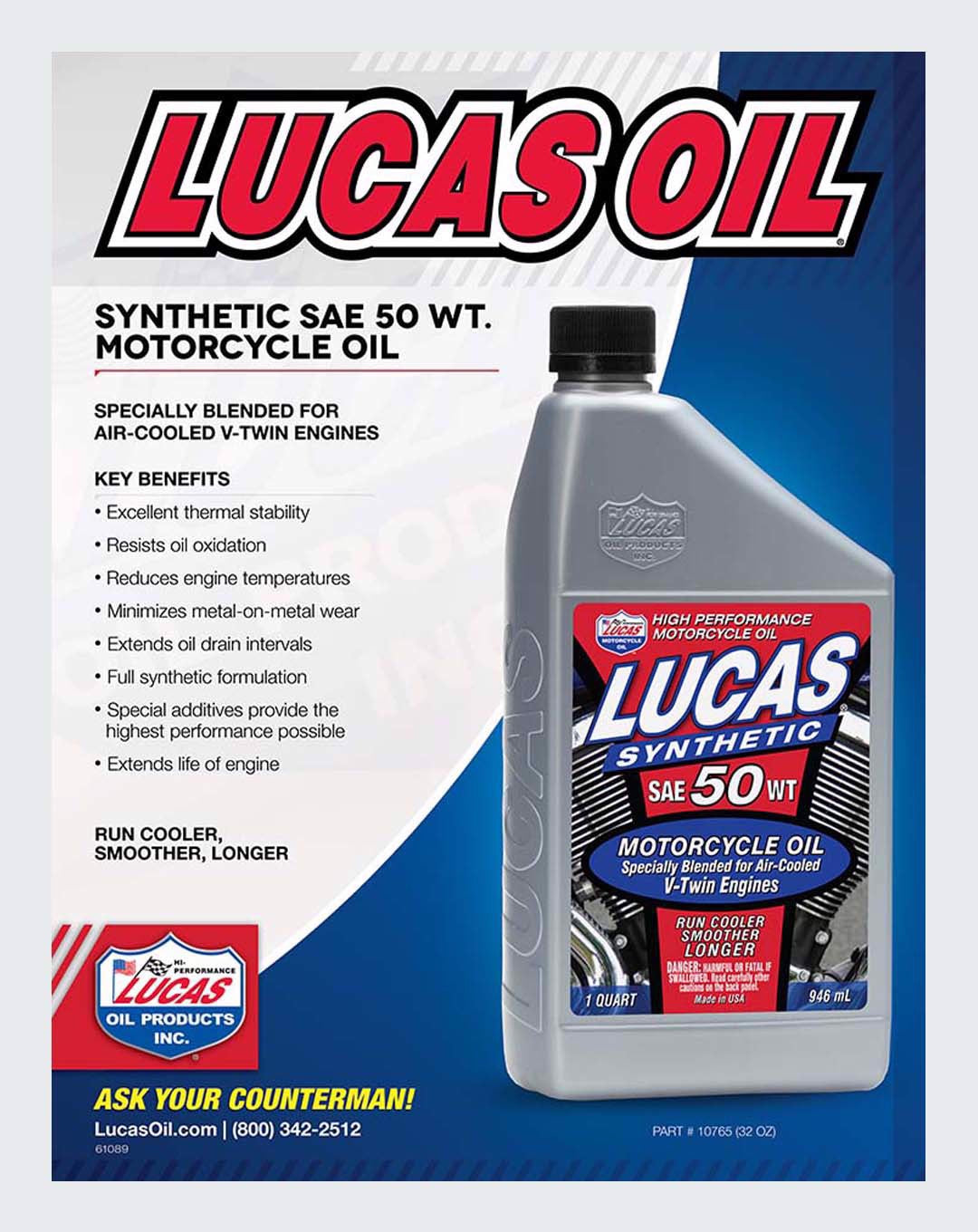 LUCAS OIL - Synthetic SAE 50 WT Motorcycle V-Twin Oil 1 Quart - 10765