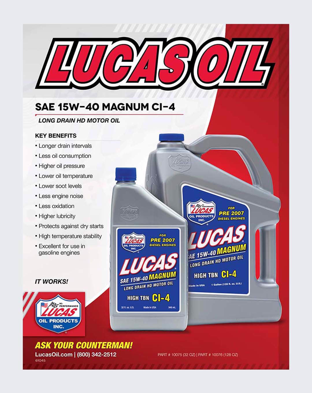 LUCAS OIL SAE 15W-40 MAGNUM MOTOR OIL CI-4  1 QUART - 10075