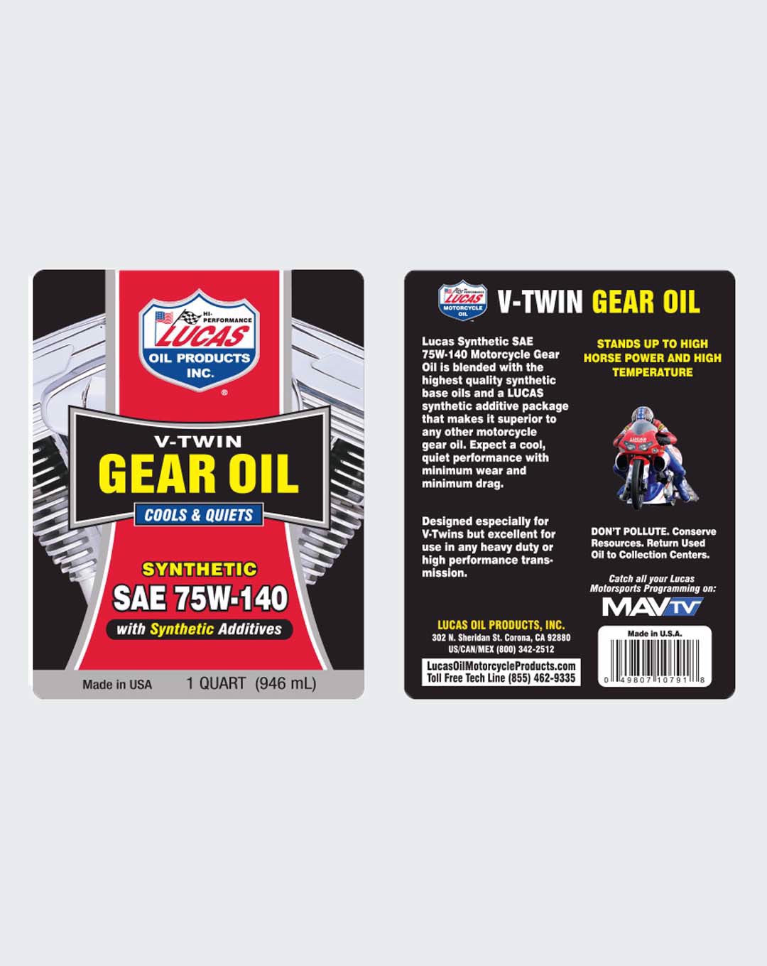 LUCAS OIL - Synthetic SAE 75W-140 V-Twin Gear Oil 1 Quart -10791