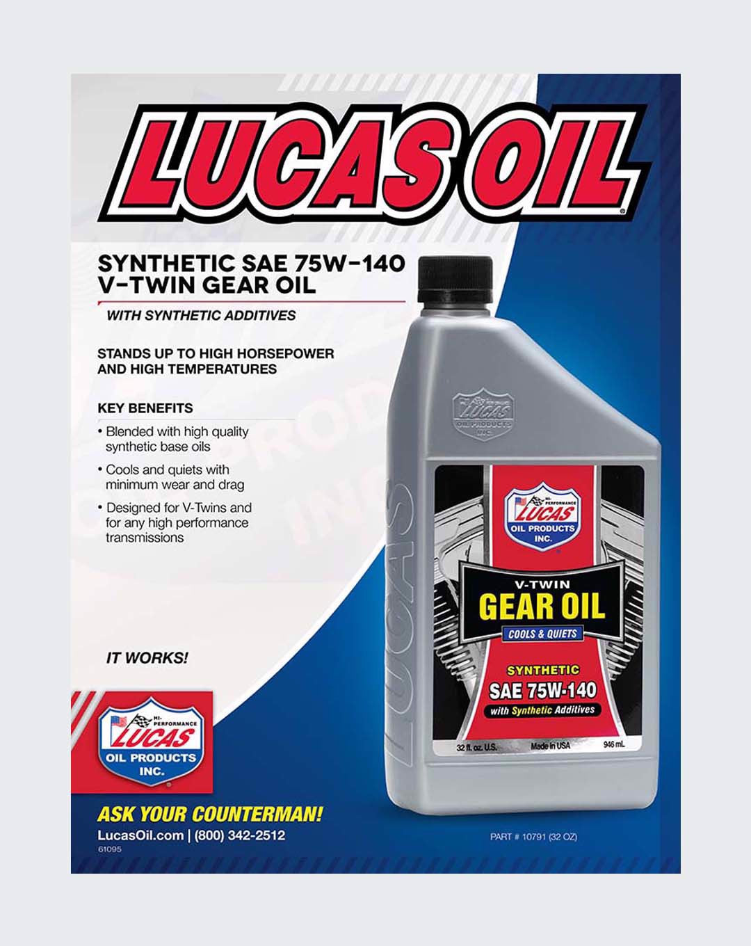 LUCAS OIL - Synthetic SAE 75W-140 V-Twin Gear Oil 1 Quart -10791