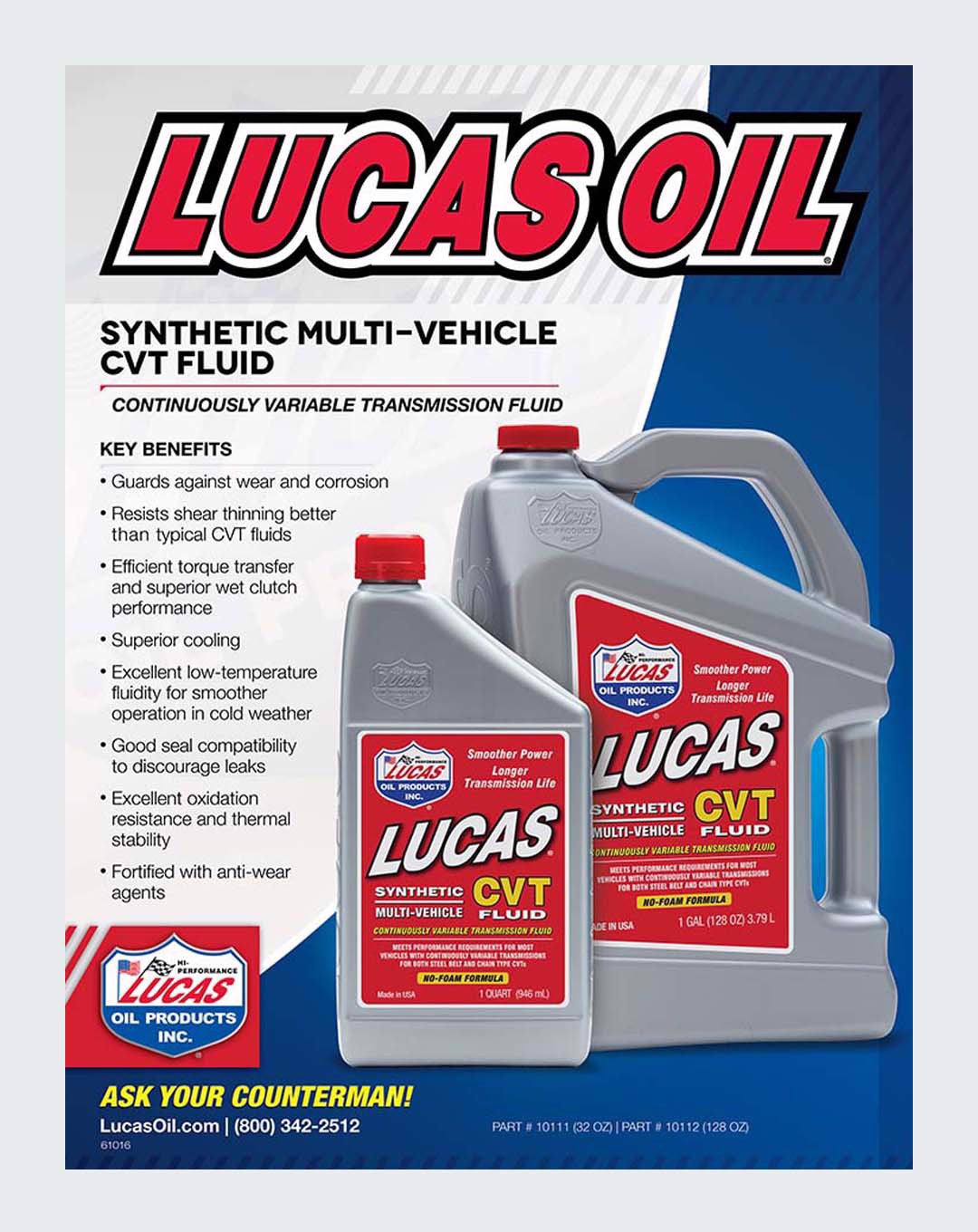 LUCAS OIL- SYNTHETIC CVT TRANSMISSION FLUID 1 QUART - 10111